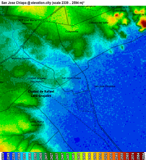 Zoom OUT 2x San José Chiapa, Mexico elevation map