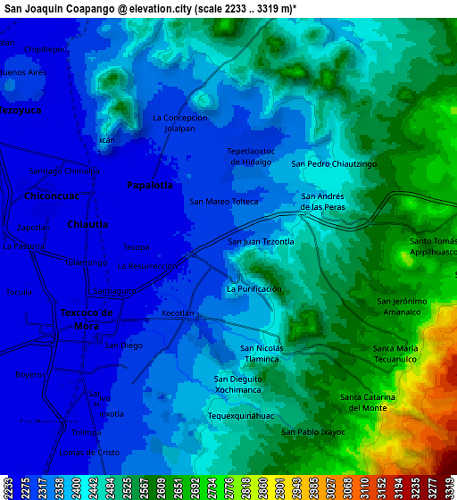 Zoom OUT 2x San Joaquín Coapango, Mexico elevation map