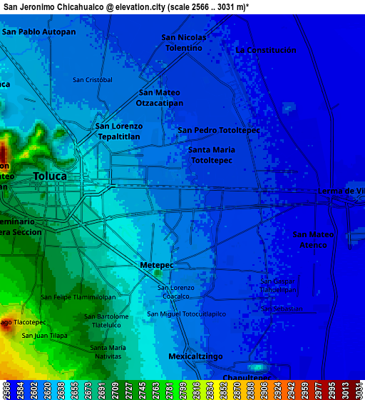 Zoom OUT 2x San Jerónimo Chicahualco, Mexico elevation map