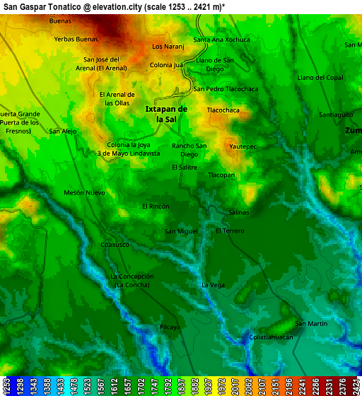 Zoom OUT 2x San Gaspar Tonatico, Mexico elevation map