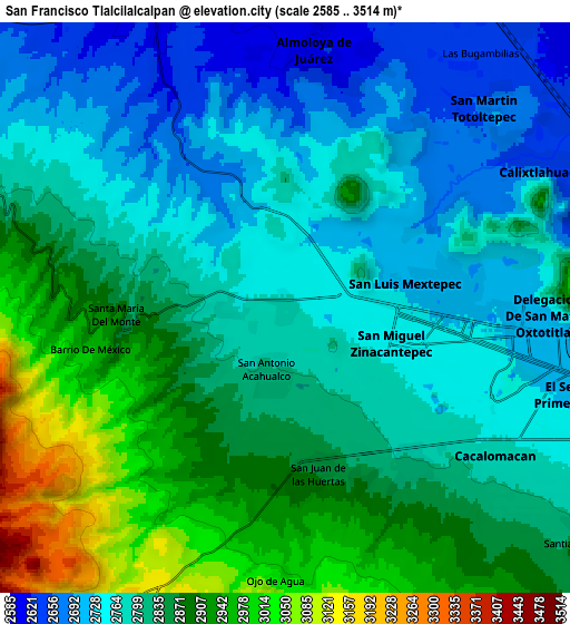 Zoom OUT 2x San Francisco Tlalcilalcalpan, Mexico elevation map