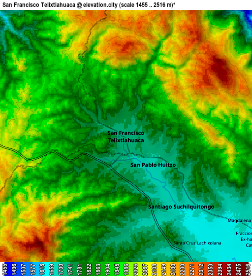 Zoom OUT 2x San Francisco Telixtlahuaca, Mexico elevation map