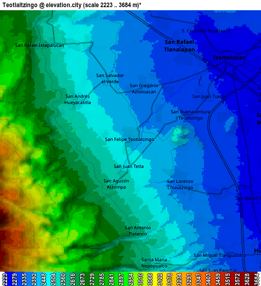 Zoom OUT 2x Teotlaltzingo, Mexico elevation map