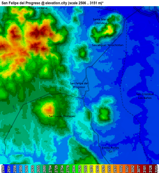 Zoom OUT 2x San Felipe del Progreso, Mexico elevation map