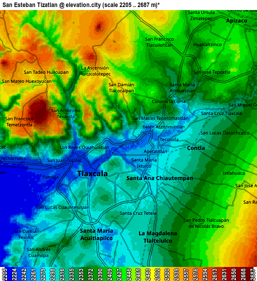 Zoom OUT 2x San Esteban Tizatlán, Mexico elevation map