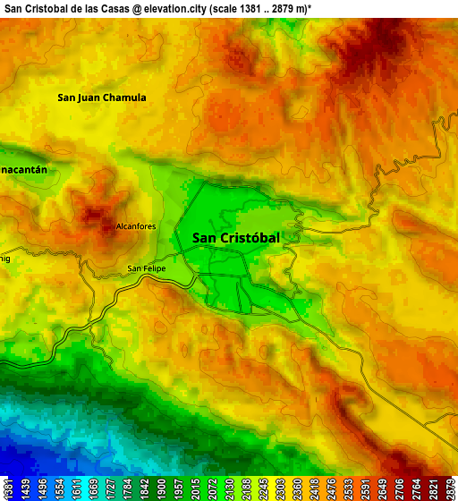Zoom OUT 2x San Cristóbal de las Casas, Mexico elevation map