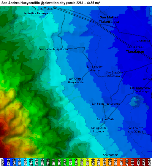 Zoom OUT 2x San Andrés Hueyacatitla, Mexico elevation map