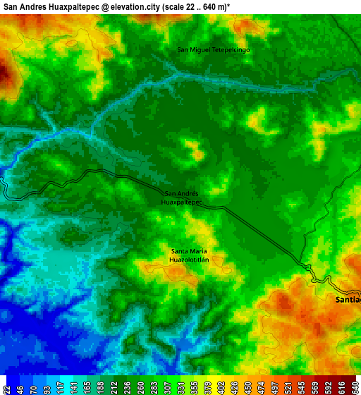 Zoom OUT 2x San Andrés Huaxpaltepec, Mexico elevation map