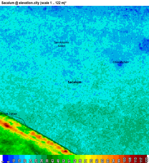 Zoom OUT 2x Sacalum, Mexico elevation map