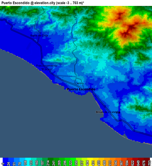 Zoom OUT 2x Puerto Escondido, Mexico elevation map