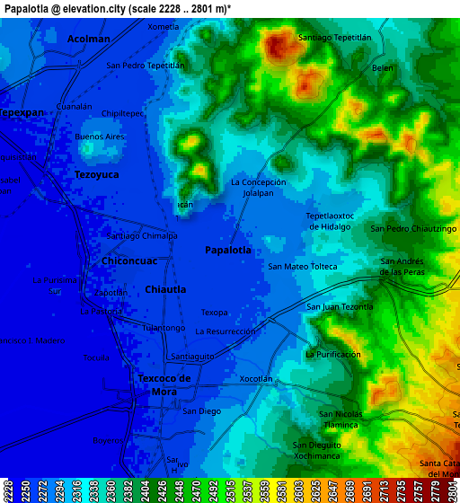 Zoom OUT 2x Papalotla, Mexico elevation map