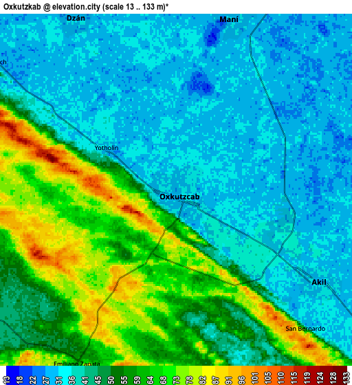 Zoom OUT 2x Oxkutzkab, Mexico elevation map