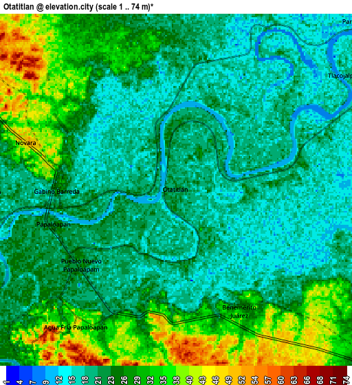Zoom OUT 2x Otatitlán, Mexico elevation map