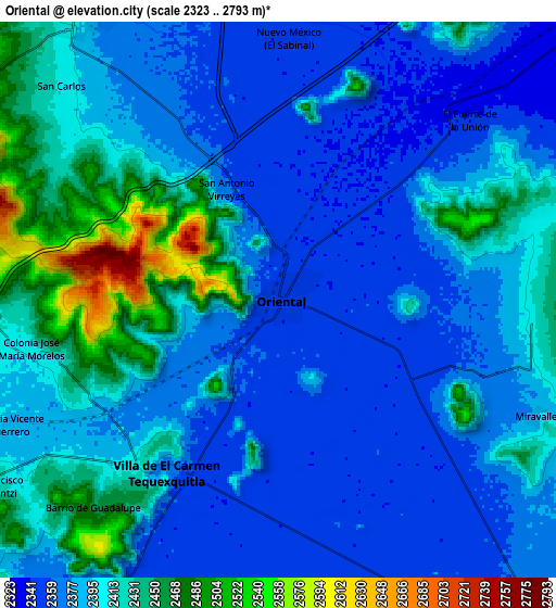 Zoom OUT 2x Oriental, Mexico elevation map