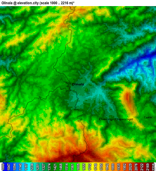 Zoom OUT 2x Olinalá, Mexico elevation map