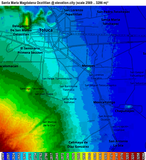 Zoom OUT 2x Santa María Magdalena Ocotitlán, Mexico elevation map