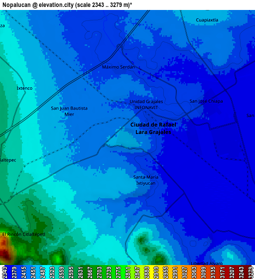 Zoom OUT 2x Nopalucán, Mexico elevation map