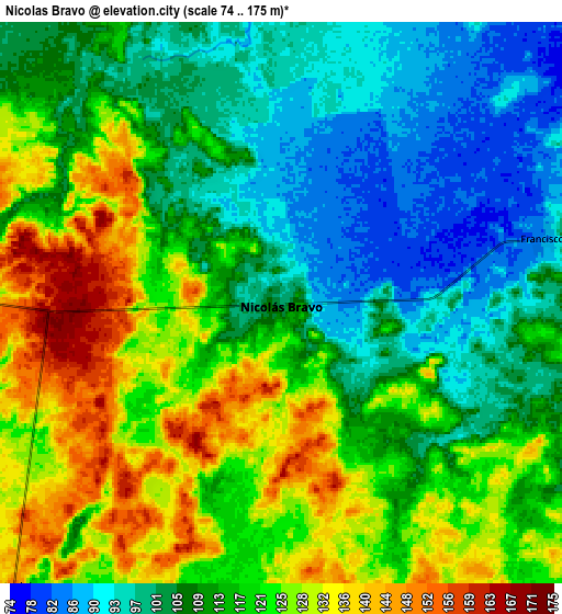 Zoom OUT 2x Nicolás Bravo, Mexico elevation map