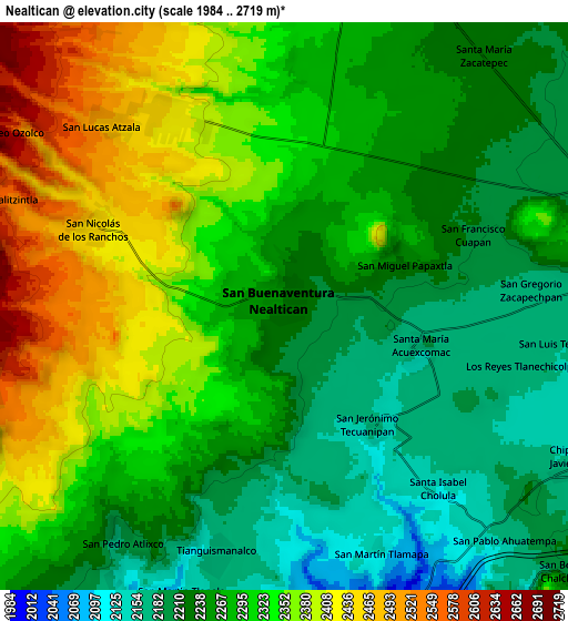 Zoom OUT 2x Nealtican, Mexico elevation map