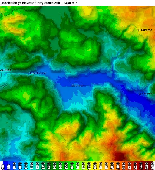 Zoom OUT 2x Mochitlán, Mexico elevation map