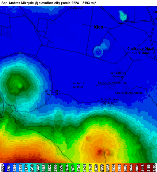 Zoom OUT 2x San Andrés Mixquic, Mexico elevation map