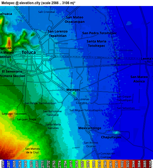 Zoom OUT 2x Metepec, Mexico elevation map