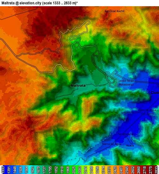 Zoom OUT 2x Maltrata, Mexico elevation map