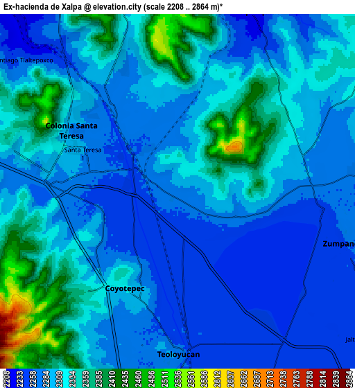 Zoom OUT 2x Ex-hacienda de Xalpa, Mexico elevation map