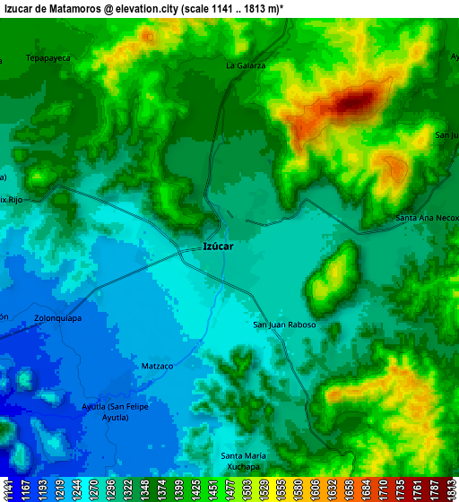 Zoom OUT 2x Izúcar de Matamoros, Mexico elevation map