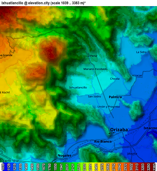 Zoom OUT 2x Ixhuatlancillo, Mexico elevation map