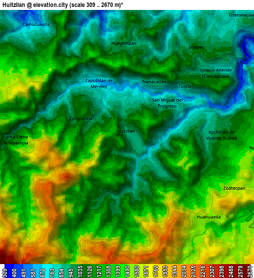 Zoom OUT 2x Huitzilan, Mexico elevation map