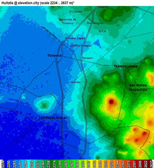 Zoom OUT 2x Huitzila, Mexico elevation map