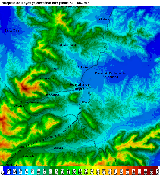 Zoom OUT 2x Huejutla de Reyes, Mexico elevation map