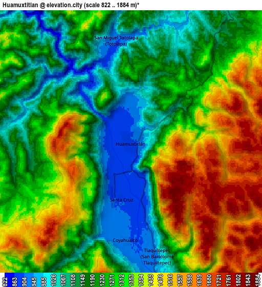 Zoom OUT 2x Huamuxtitlán, Mexico elevation map