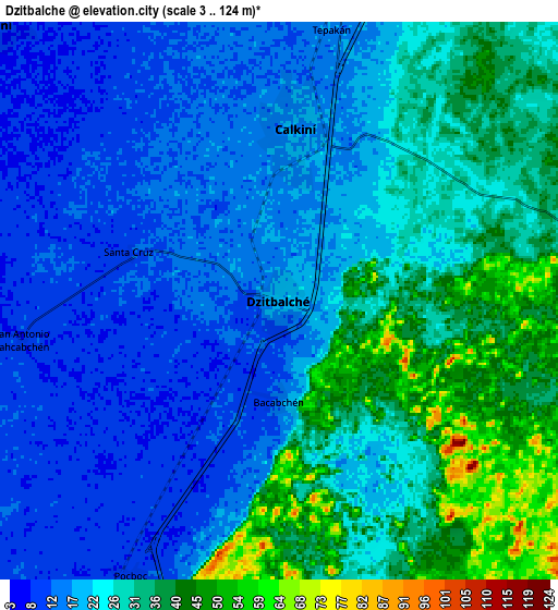 Zoom OUT 2x Dzitbalché, Mexico elevation map