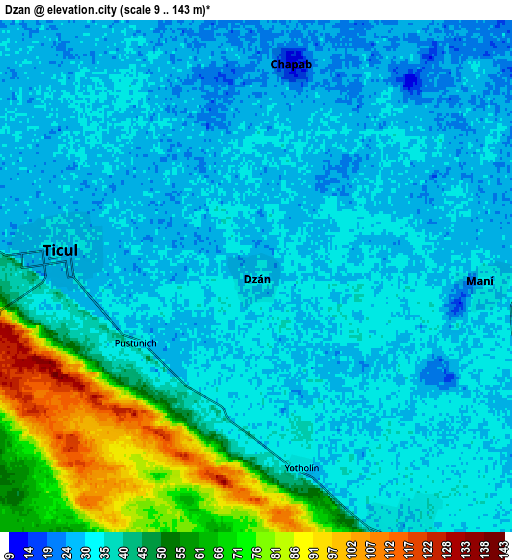 Zoom OUT 2x Dzan, Mexico elevation map