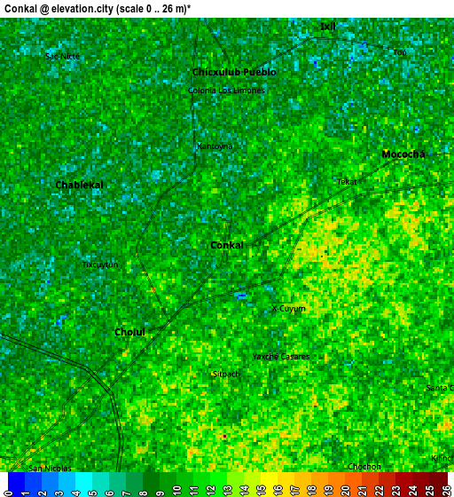 Zoom OUT 2x Conkal, Mexico elevation map