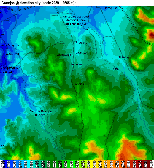 Zoom OUT 2x Conejos, Mexico elevation map