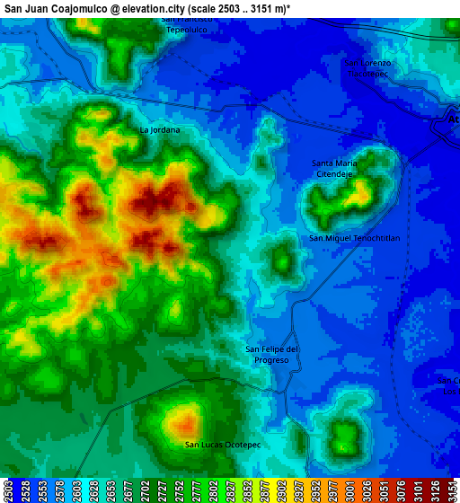 Zoom OUT 2x San Juan Coajomulco, Mexico elevation map