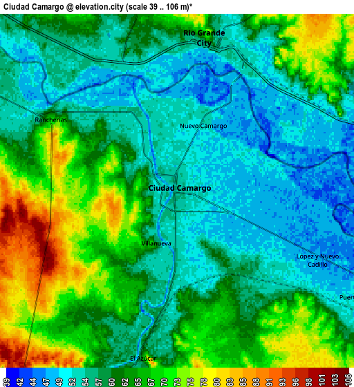 Zoom OUT 2x Ciudad Camargo, Mexico elevation map