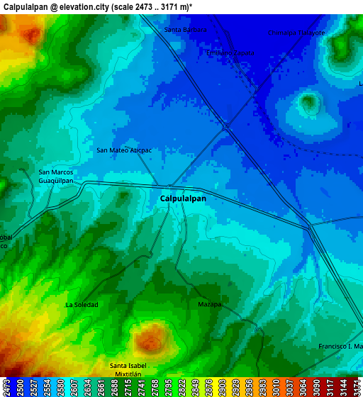 Zoom OUT 2x Calpulalpan, Mexico elevation map