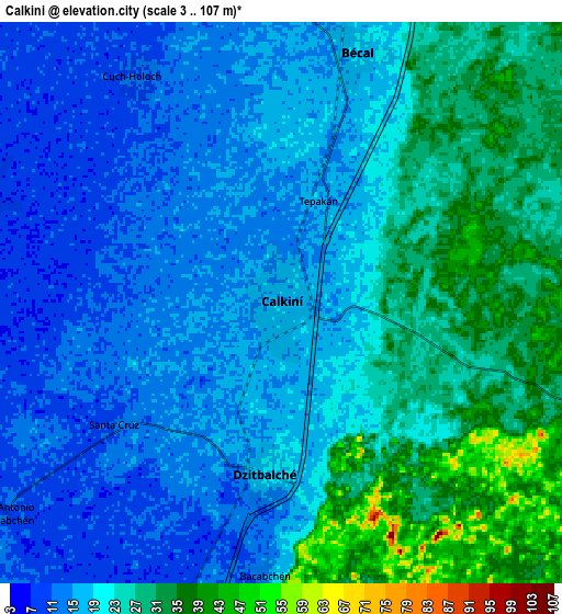 Zoom OUT 2x Calkiní, Mexico elevation map