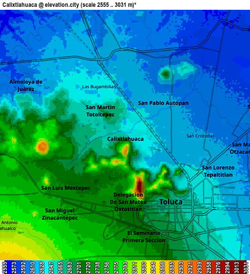 Zoom OUT 2x Calixtlahuaca, Mexico elevation map