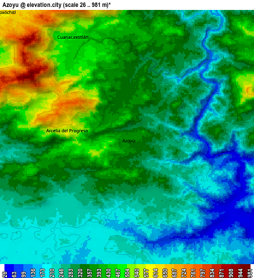 Zoom OUT 2x Azoyú, Mexico elevation map