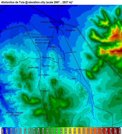 Zoom OUT 2x Atotonilco de Tula, Mexico elevation map