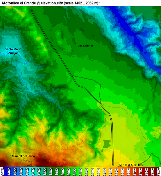 Zoom OUT 2x Atotonilco el Grande, Mexico elevation map