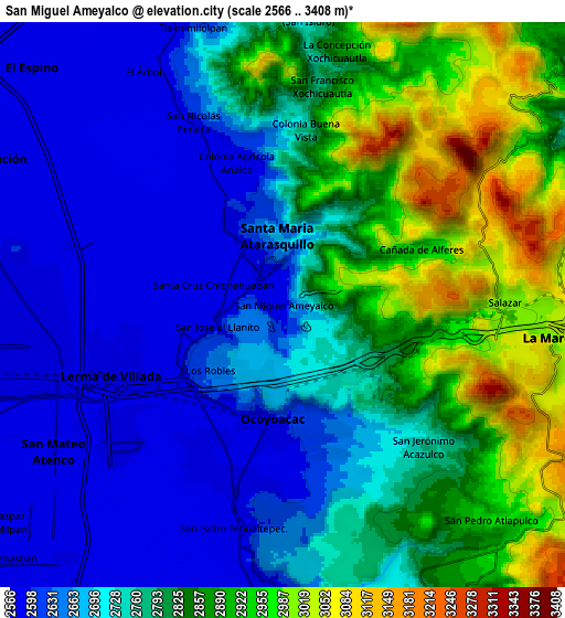 Zoom OUT 2x San Miguel Ameyalco, Mexico elevation map