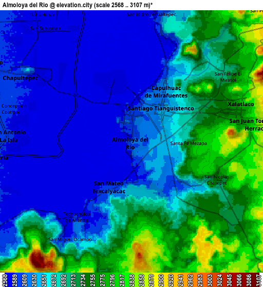 Zoom OUT 2x Almoloya del Río, Mexico elevation map