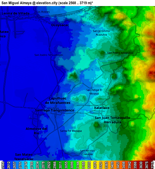 Zoom OUT 2x San Miguel Almaya, Mexico elevation map