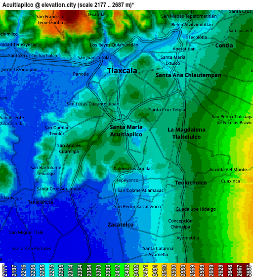 Zoom OUT 2x Acuitlapilco, Mexico elevation map